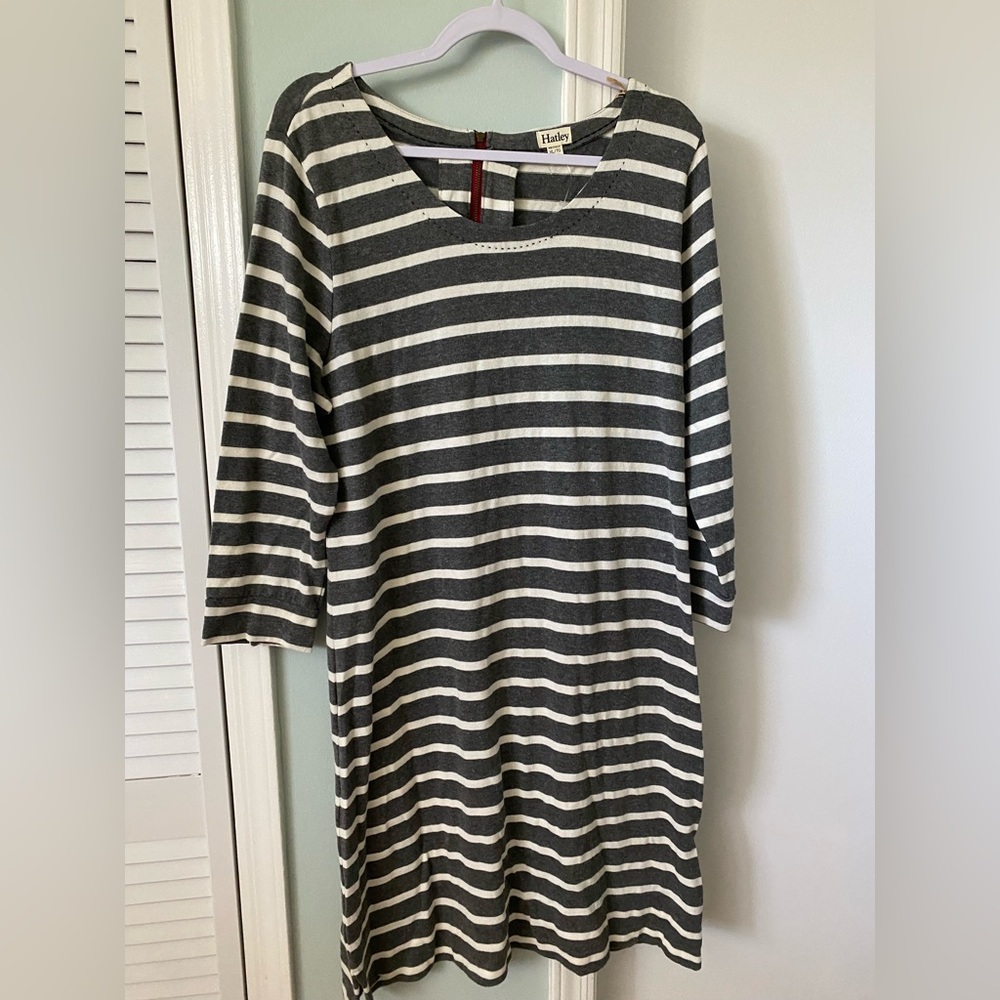 Hayley grey and white striped dress with zipper in back.